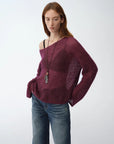 Mohair Sequin Knit Blended Hollow oversized sweater Loose O - Neck Top Long Sleeve,"Sparkling Spring" - variant_title