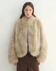 Model wearing Monet's Garden Gray White Brown fox fur coat