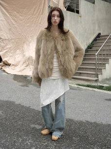 Morning Mist Manor Coffee fox fur coat in an urban lifestyle setting