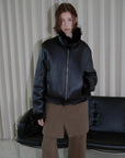 Black Toscana wool motorcycle jacket with fur collar, front view