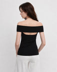 Mulberry silk off-shoulder knitted summer top black on Maria back view