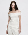Mulberry silk off-shoulder knitted summer top off-white on Maria front view