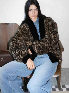Multiple Stripes brown Rex rabbit fur jacket seated model view