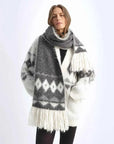White alpaca wool jacquard tassel scarf styled on a woman - Fireladyfur