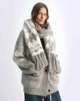 Light gray alpaca wool jacquard scarf worn with a winter cardigan - Fireladyfur