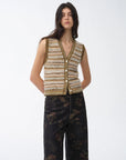 "Nice Weekend" striped mixed woven V - neck early spring layered knitted cardigan top/vest - variant_title