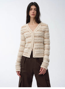 "Nice Weekend" striped mixed woven V - neck early spring layered knitted cardigan top/vest - variant_title
