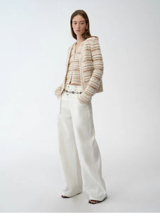 "Nice Weekend" striped mixed woven V - neck early spring layered knitted cardigan top/vest - variant_title