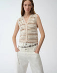 "Nice Weekend" striped mixed woven V - neck early spring layered knitted cardigan top/vest - variant_title