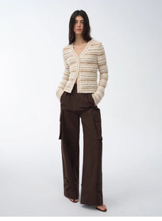 "Nice Weekend" striped mixed woven V - neck early spring layered knitted cardigan top/vest - variant_title