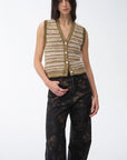 "Nice Weekend" striped mixed woven V - neck early spring layered knitted cardigan top/vest - variant_title