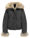 Firelady Fur Nordic Woods Graphite Gray cropped parka with raccoon fur collar front cutout