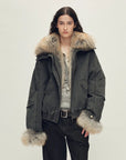 Model wearing Firelady Fur Nordic Woods Graphite Gray raccoon fur down parka front view