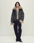 Full-length model view of Firelady Fur Nordic Woods Graphite Gray cropped fur parka