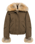 Firelady Fur Nordic Woods Dark Brown cropped parka with raccoon fur trim front cutout