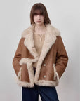 Oppenheimer brown Toscana shearling leather coat, detailed front view