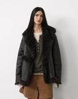 Oppenheimer yellow brown asymmetric Toscana shearling coat, front view
