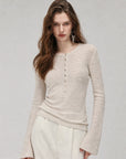 Perry Moonlight Apricot beaded cotton linen knit cardigan on ROSINA model front view