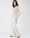 Perry Moonlight Apricot beaded cotton linen knit cardigan on ROSINA model side view