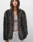 Model wearing Polar Night Star Black and White fox fur coat, front view