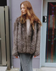 Polar Night Star Gray Brown fox fur coat, close model view