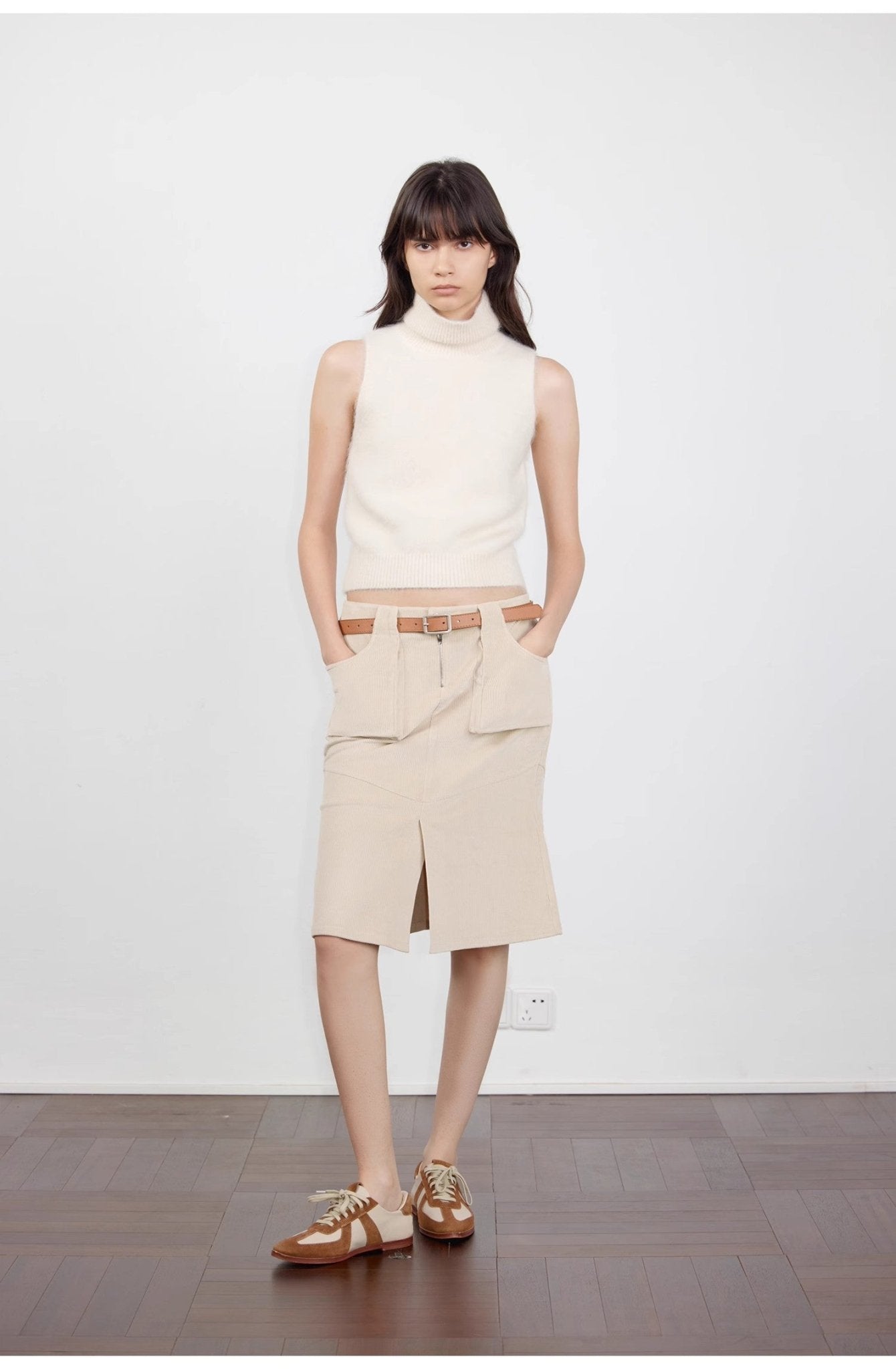 "Postcard Memory" Retro corduroy design front slit workwear fishtail skirt - variant_title