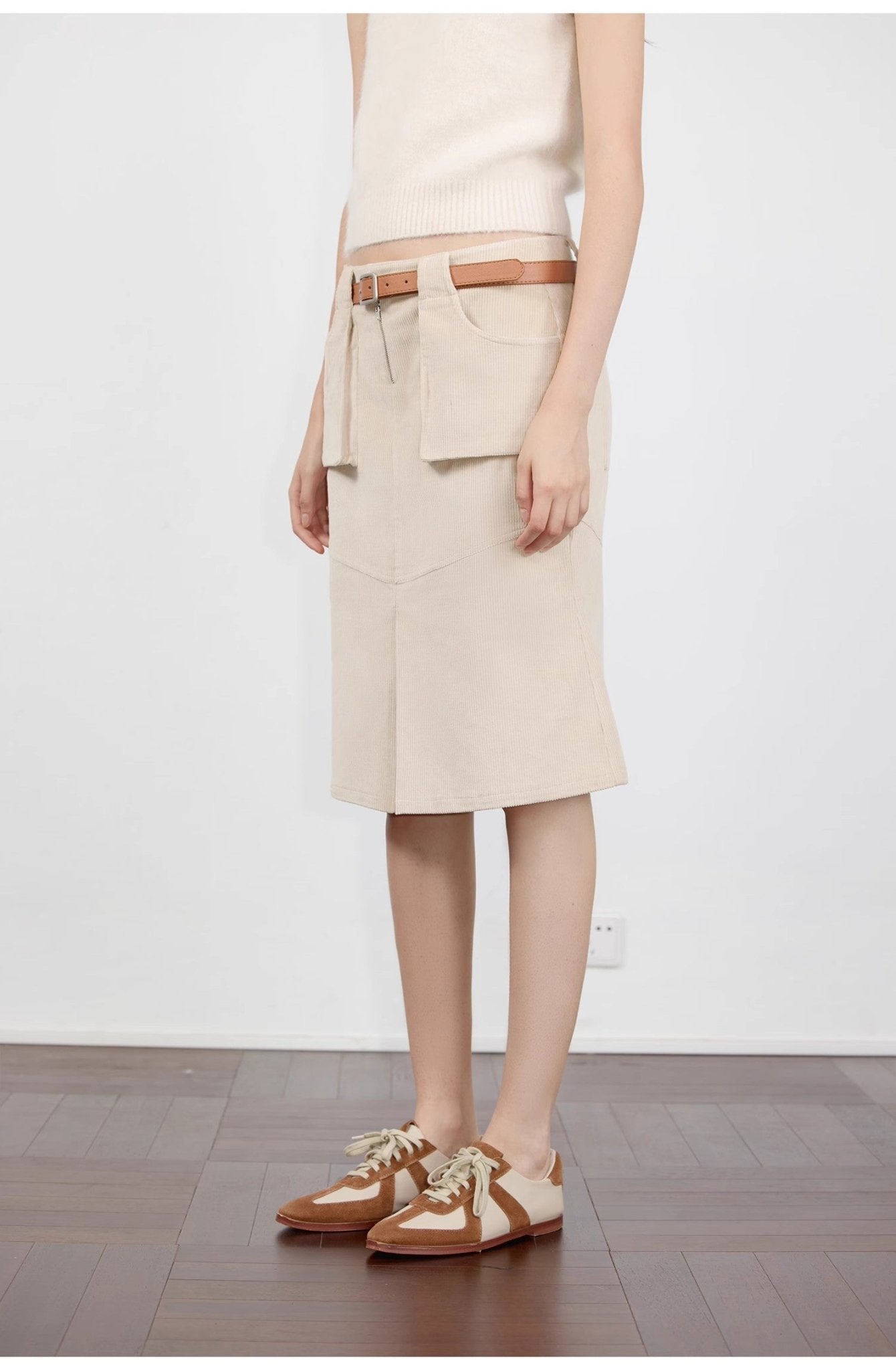"Postcard Memory" Retro corduroy design front slit workwear fishtail skirt - variant_title