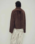 Model wearing the Practical Wearism mocha brown Toscana sheepskin coat, back view