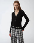 Firelady Fur Pure Fashion black V-neck long sleeve slim top on model front view