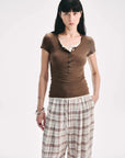 Firelady Fur Pure Fashion dark brown Henley short sleeve knit top on model front view