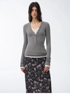 Firelady Fur Pure Fashion gray V-neck long sleeve slim top on model front view
