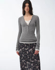 Firelady Fur Pure Fashion gray V-neck long sleeve slim top on model front view