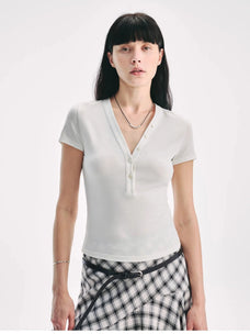 Firelady Fur Pure Fashion off-white V-neck short sleeve slim top on model front view