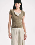 Firelady Fur Pure Fashion soft light khaki Henley short sleeve knit top on model front view