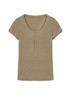 Firelady Fur Pure Fashion soft light khaki Henley short sleeve knit top transparent product image