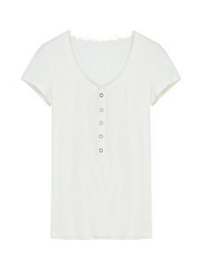Firelady Fur Pure Fashion white Henley short sleeve slim knit top transparent product image