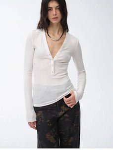 Firelady Fur Pure Fashion white V-neck long sleeve slim top on model front view