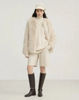 Reed Flower beige almond fox fur coat full-length model view
