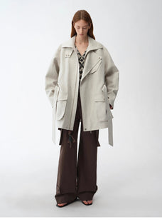 Relaxed Gold Linen Blend Lace - Up Mid - Length Trench Coat Spring"Flynn Magazine" - variant_title
