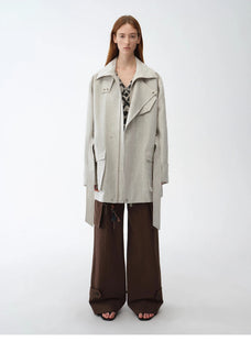 Relaxed Gold Linen Blend Lace - Up Mid - Length Trench Coat Spring"Flynn Magazine" - variant_title