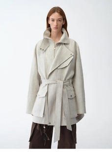 Relaxed Gold Linen Blend Lace - Up Mid - Length Trench Coat Spring"Flynn Magazine" - variant_title