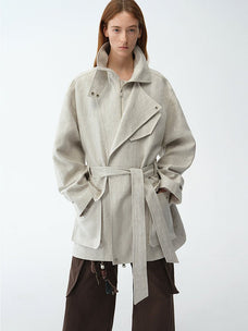 Relaxed Gold Linen Blend Lace - Up Mid - Length Trench Coat Spring"Flynn Magazine" - variant_title
