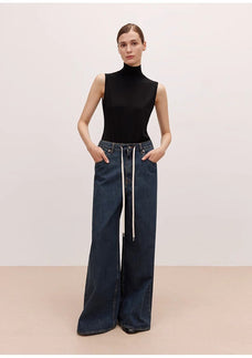 "Retro Blues" fashionable high waist pleated design washed casual wide leg jeans for women - variant_title