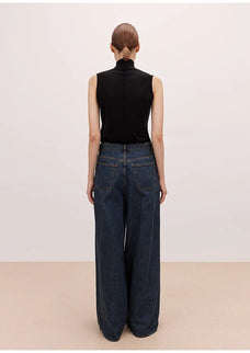 "Retro Blues" fashionable high waist pleated design washed casual wide leg jeans for women - variant_title