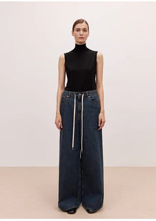 "Retro Blues" fashionable high waist pleated design washed casual wide leg jeans for women - variant_title