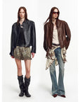 Retro Sheepskin Stand Collar Short Motorcycle Jacket “Caramel Mountain”