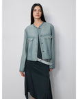 Retro Suede Sheep Leather Short Jacket with Structured Shoulders and Round Neck, Genuine Leather Outerwear "Sunset Escape"