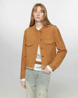 Retro Suede Sheep Leather Short Jacket with Structured Shoulders and Round Neck, Genuine Leather Outerwear "Sunset Escape" - variant_title