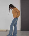 Retro Suede Sheep Leather Short Jacket with Structured Shoulders and Round Neck, Genuine Leather Outerwear "Sunset Escape" - variant_title