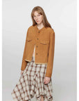 Retro Suede Sheep Leather Short Jacket with Structured Shoulders and Round Neck, Genuine Leather Outerwear "Sunset Escape" - variant_title
